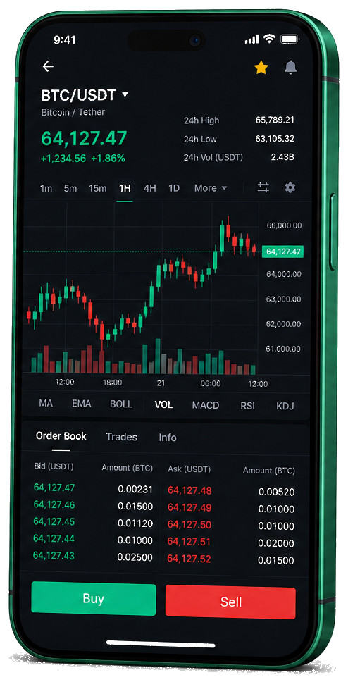 Bron Valnex handelsplatform op mobiel — live BTC/USDT grafiek, orderboek en koop/verkoop interface